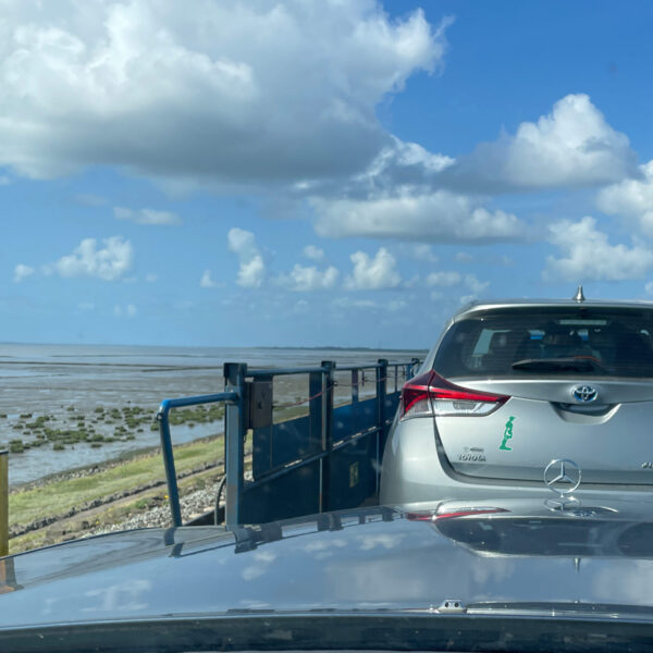 Auf der Heckklappe eines Autos auf dem Autozug Sylt klebt der Sylter Riesen Aufkleber von Neptunsgeschmeide.